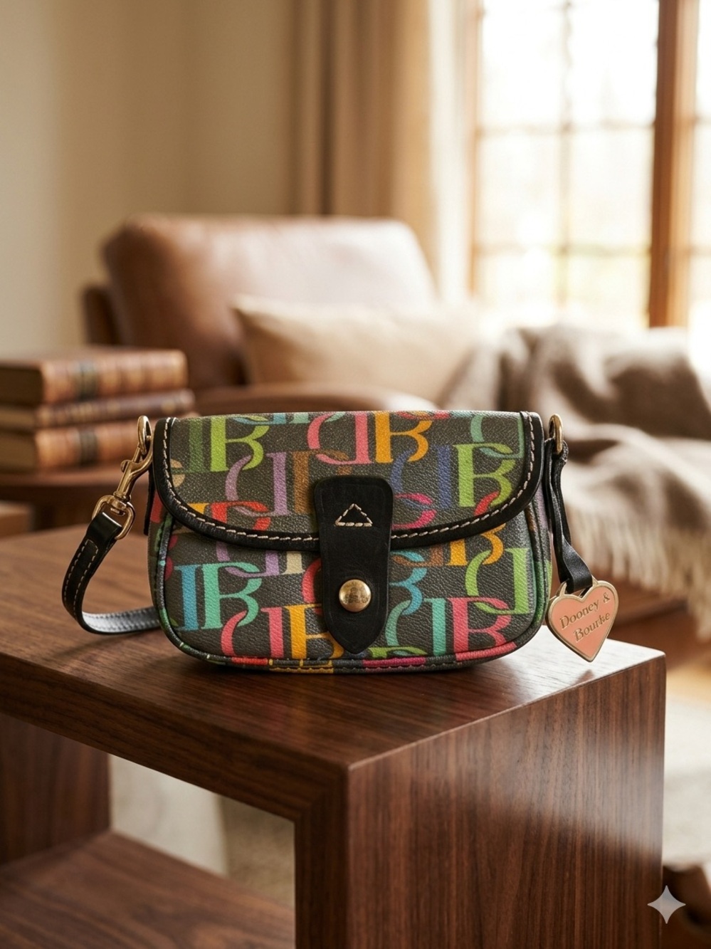 Dooney & Bourke Vintage Y2K Rainbow Scribble Wristlet with Pink Heart Charm